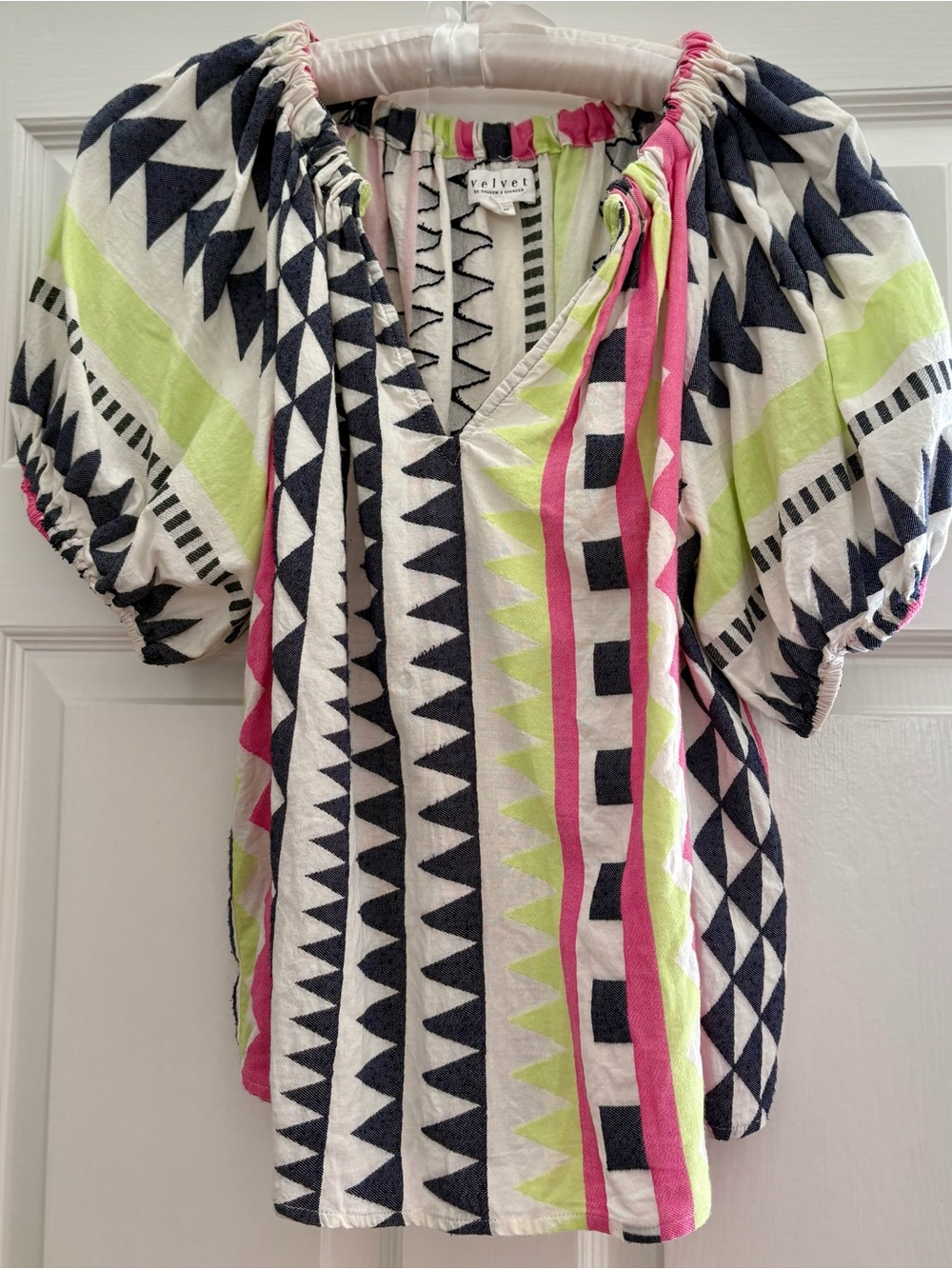 Velvet Short Sleeve Peasant Top in Navy, Neon Pink & Lime